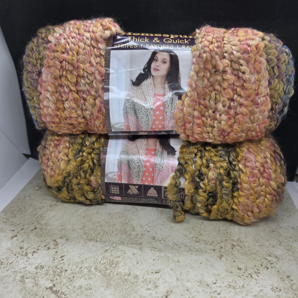 2 Homespun Thick & Quick 8 Oz Yarn Acrylic Polyester Praline Stripes 160 Yd Each